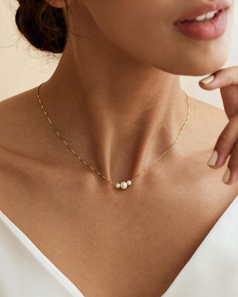 VRIUA Pearl Necklaces for Women - 14k Gold Plated Dainty Pearl Necklace with CZ Diamond Minimalist Wedding Bridal Jewelry Gift for Her - Image 2